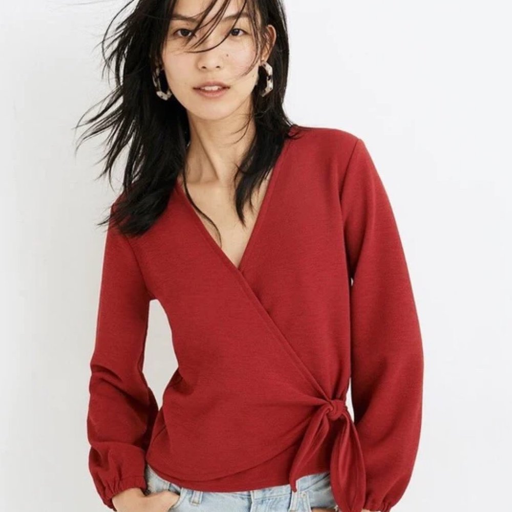 Madewell Texture & Thread Crossbody Wrap Top In Red Crepe